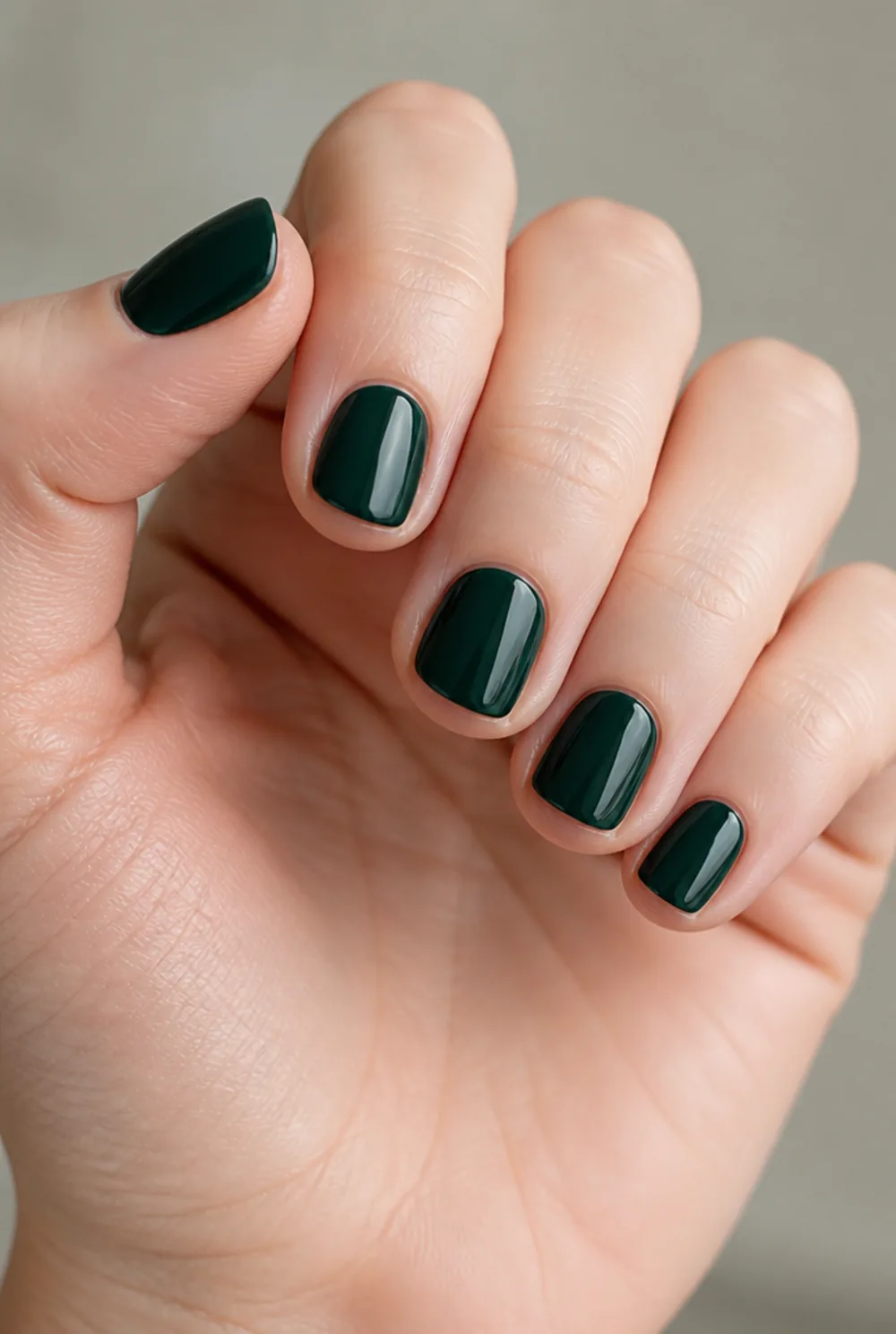 forest green nail art on fair skin, short length