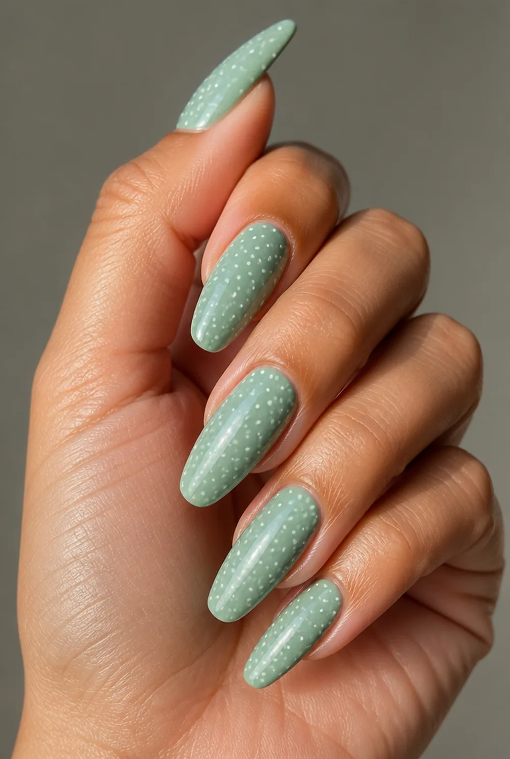 sage with white dots nail art on olive skin, long length