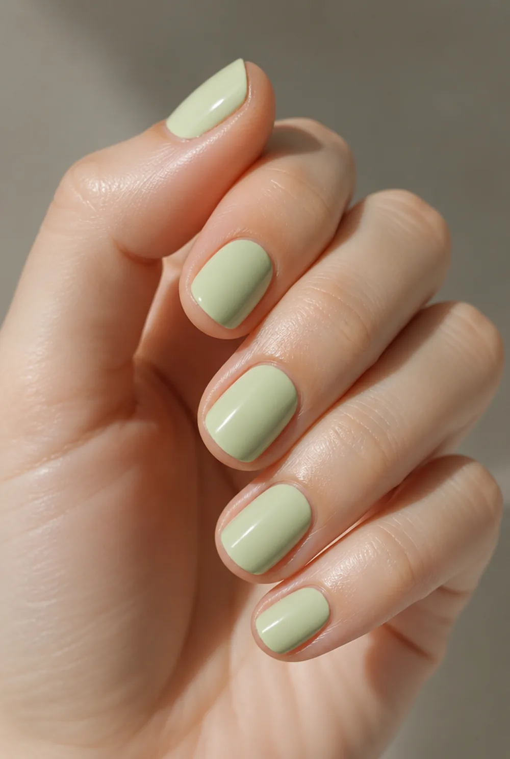 pistachio nail art on fair skin, short length