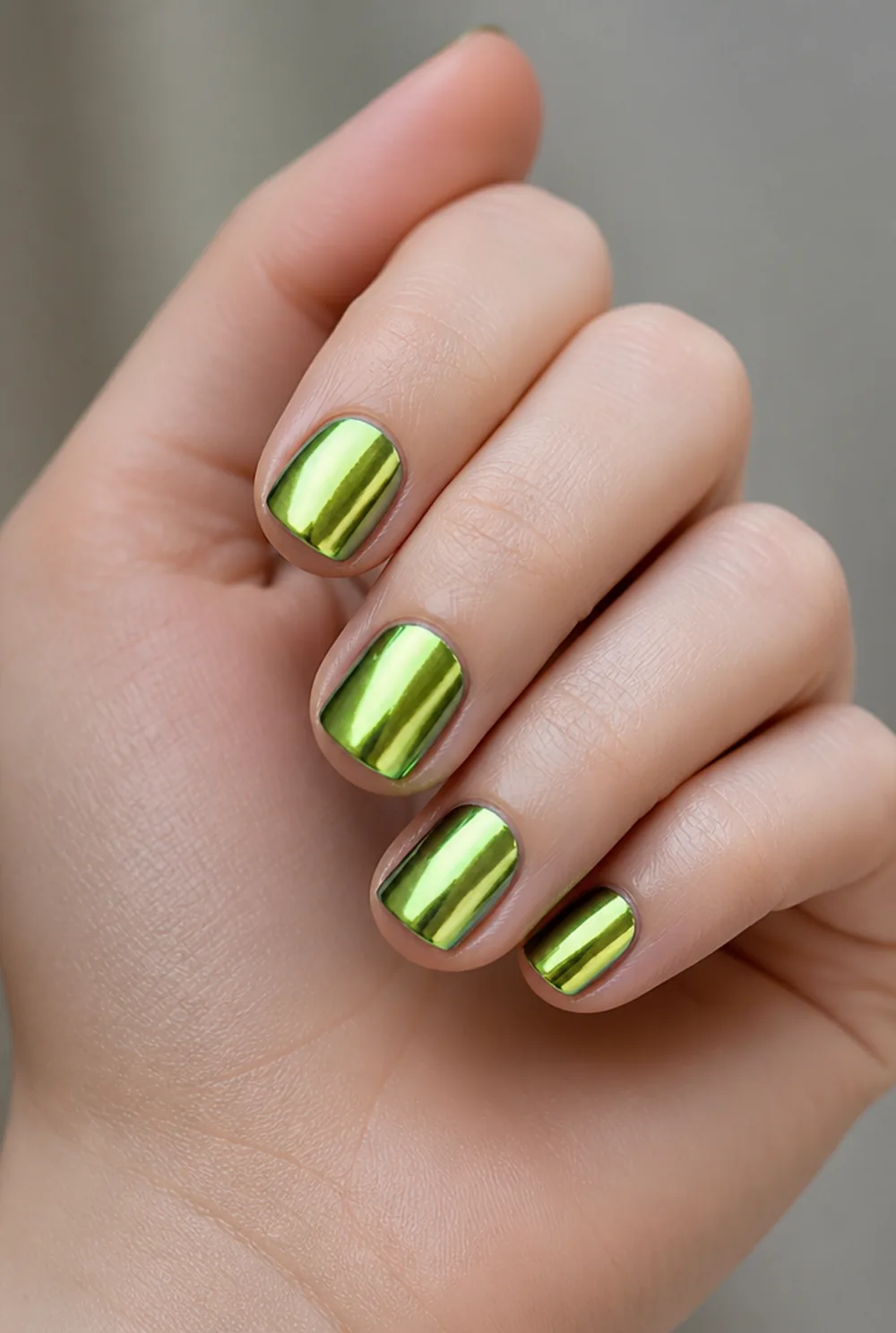 green chrome nail art on fair skin, short length