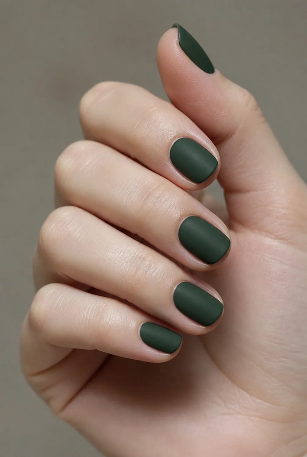 matte forest nail art on fair skin, short length