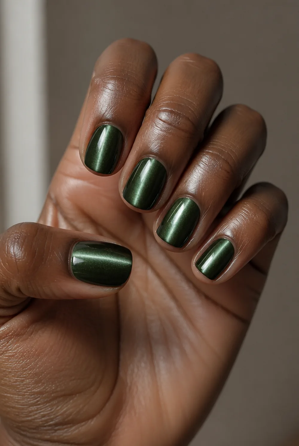 green cat eye nail art on deep brown skin