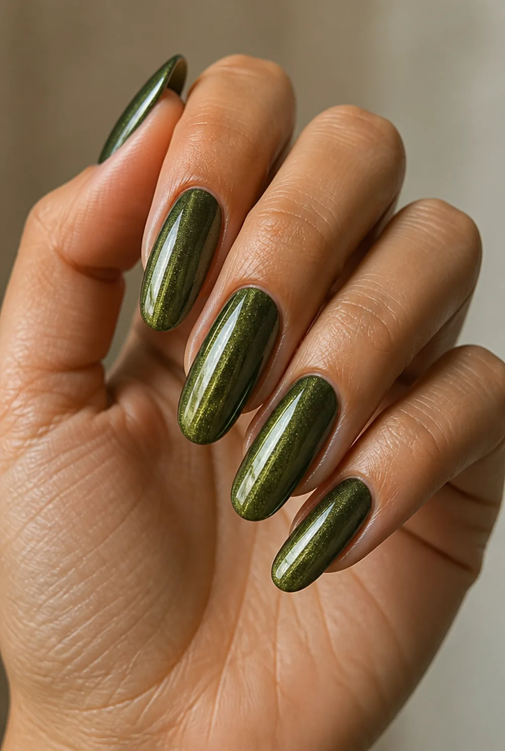 green cat eye nail art on olive skin, long length