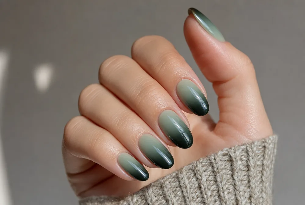 green ombre nails fading sage to forest green