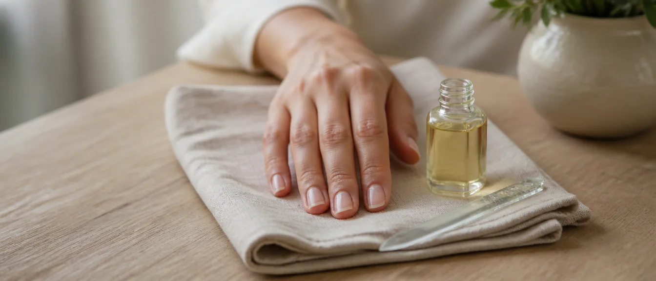 A relaxed hand with short, healthy bare natural nails beside a small glass bottle of cuticle oil and a fine crystal nail file