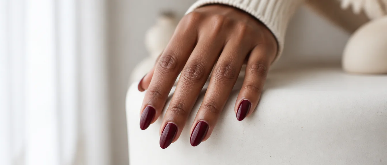 Classic wine burgundy nails on medium almond shape - PolishedAndPrettyNails.com Classic wine burgundy nails on medium almond shape