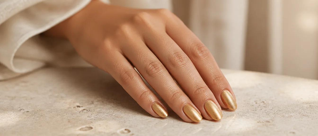 Antique gold shimmer nails on short almond nails