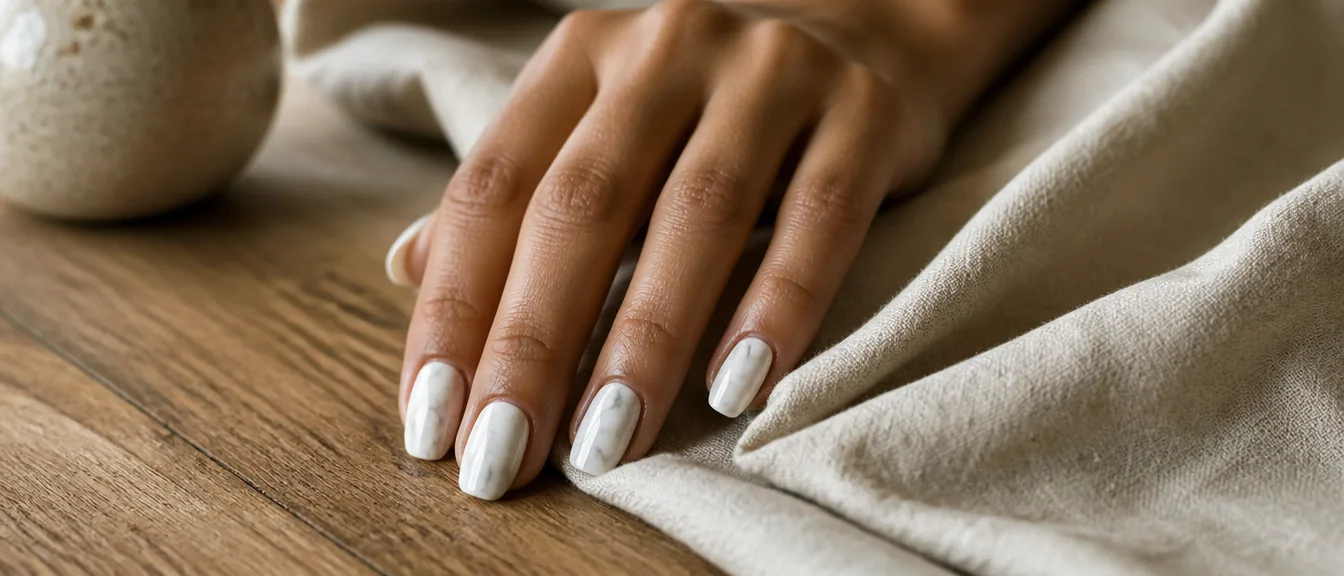 White Carrara marble nails with grey veining