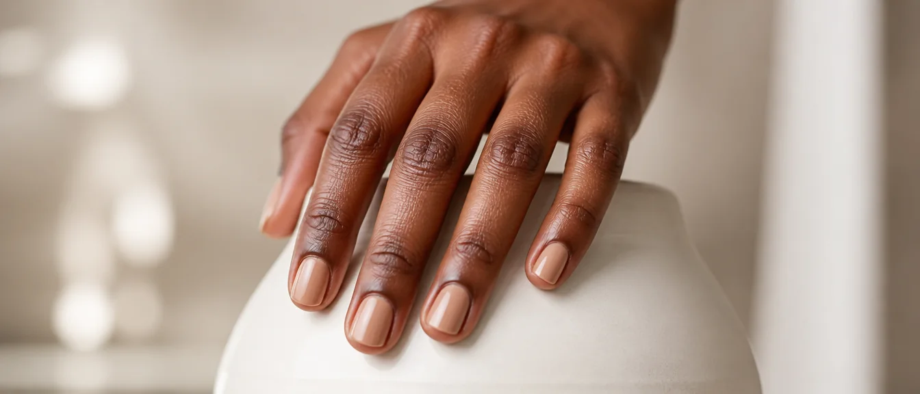 Natural nude nails matched to skin tone on short round nails