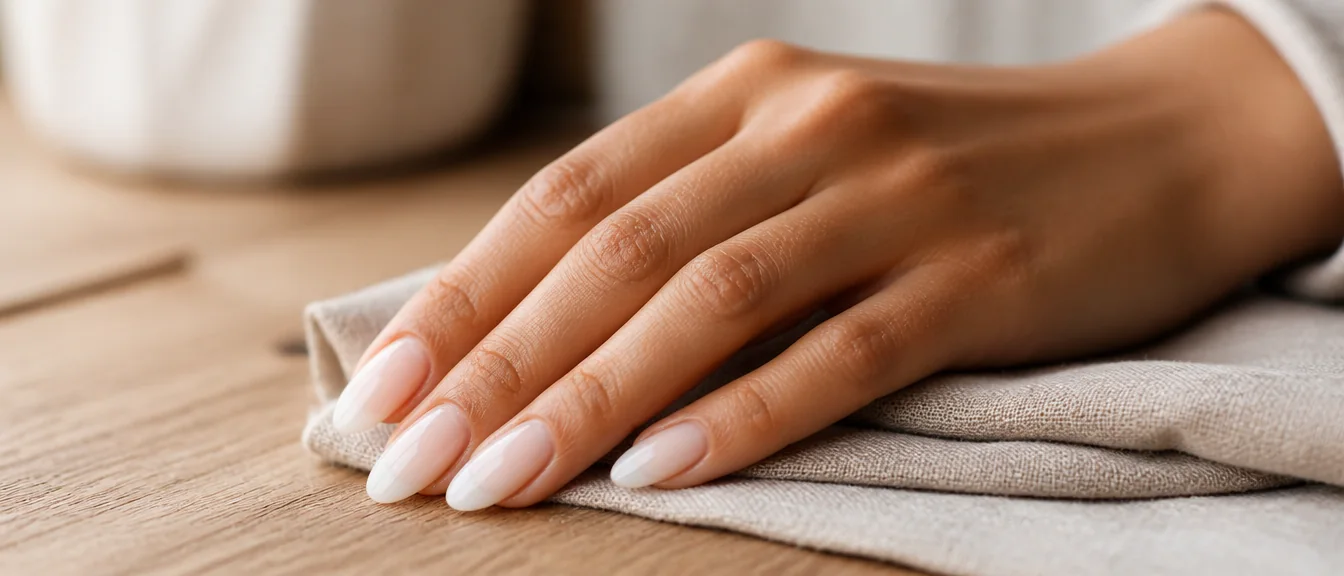 Nude to white ombre nails on almond shape