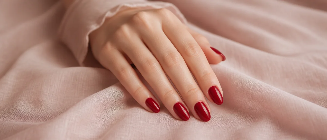 Cherry red cream nails on medium almond shape - PolishedAndPrettyNails.com Cherry red cream nails on medium almond shape