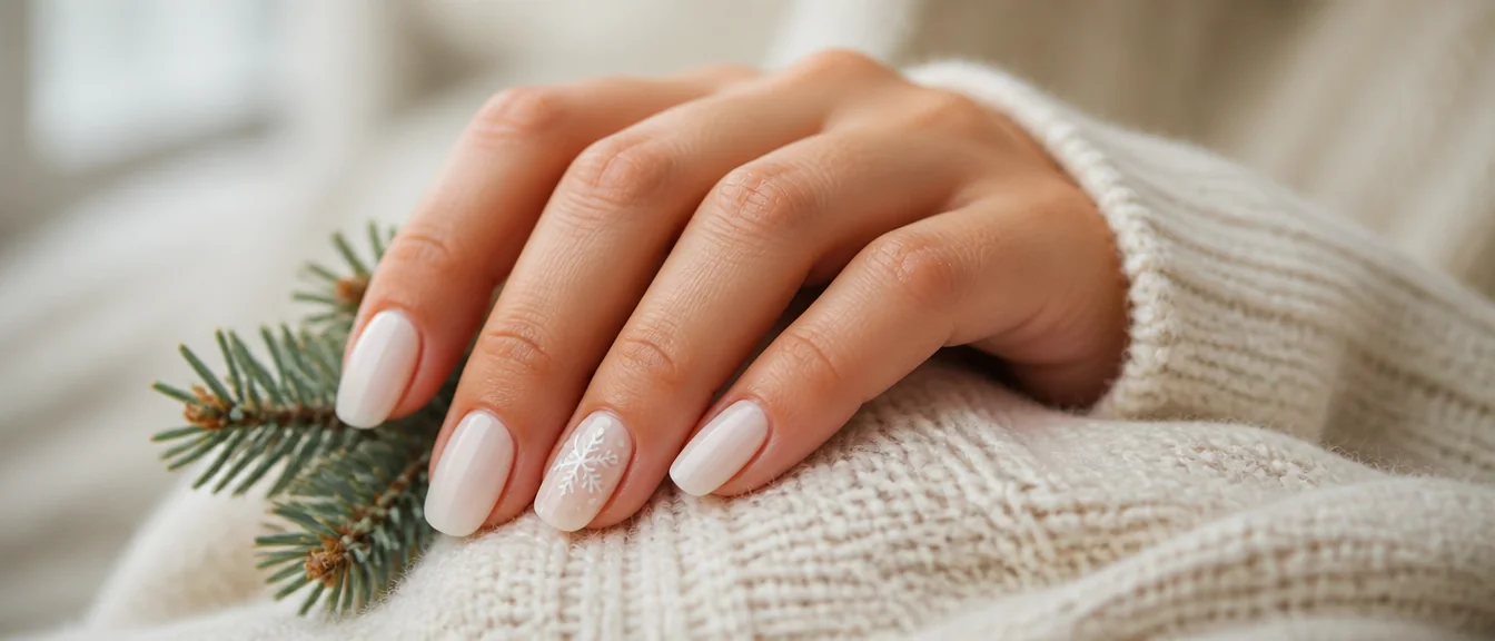 Single white snowflake nail on milky white winter base