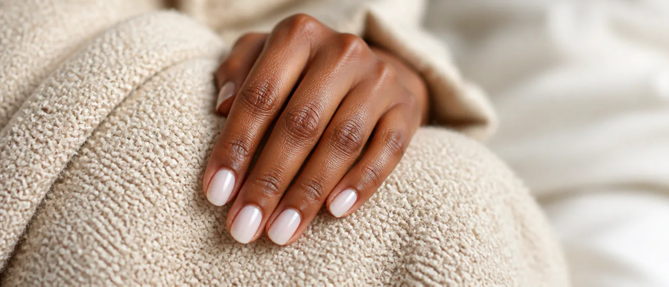 Milky sheer white nails on short almond shape