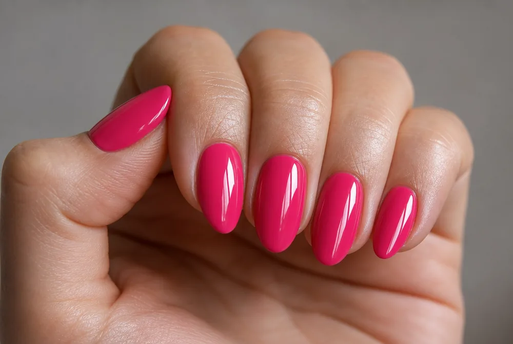hot pink almond nails with glossy finish