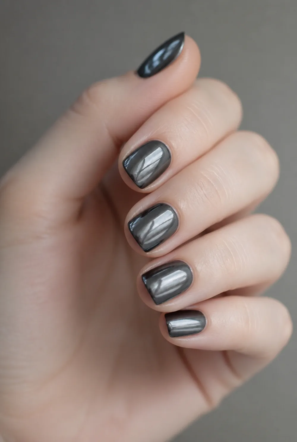 gunmetal chrome nail art on fair skin, short length