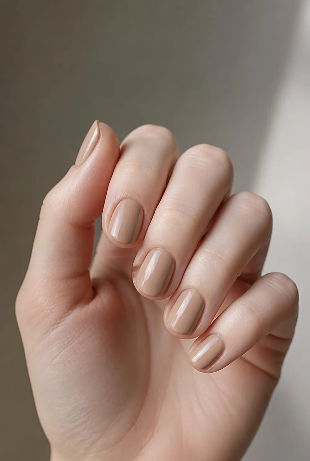 matched nude nail art on fair skin, short length