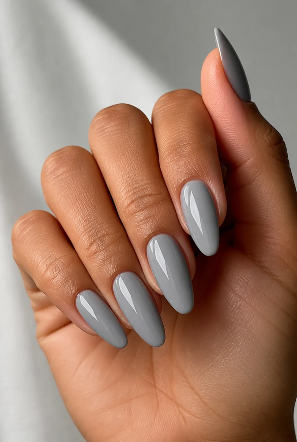dove grey nail art on olive skin, long length