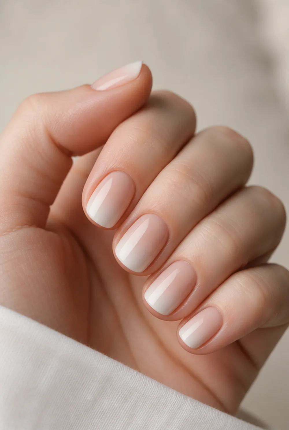 nude ombre nail art on fair skin, short length
