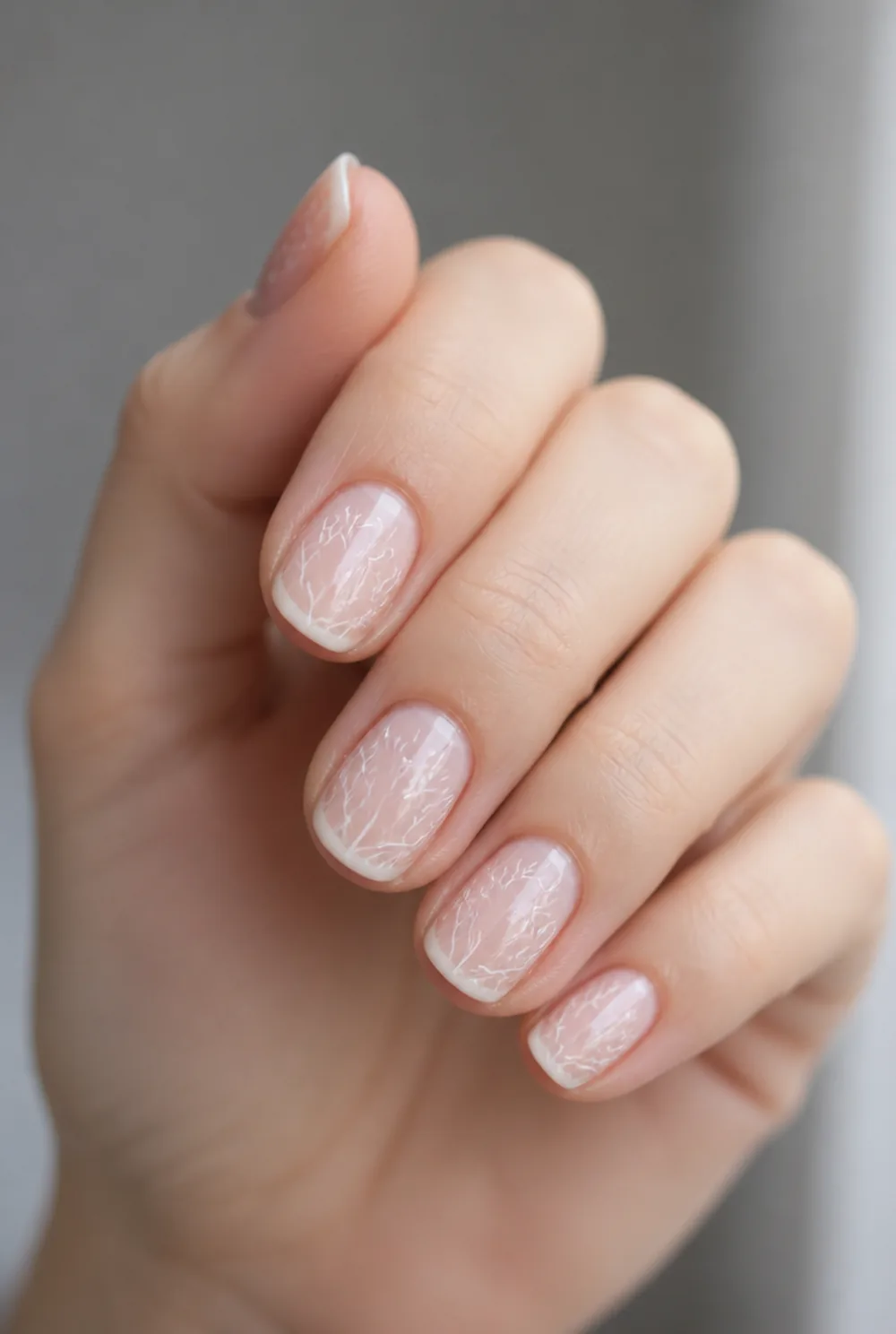 white frost lines nail art on fair skin, short length