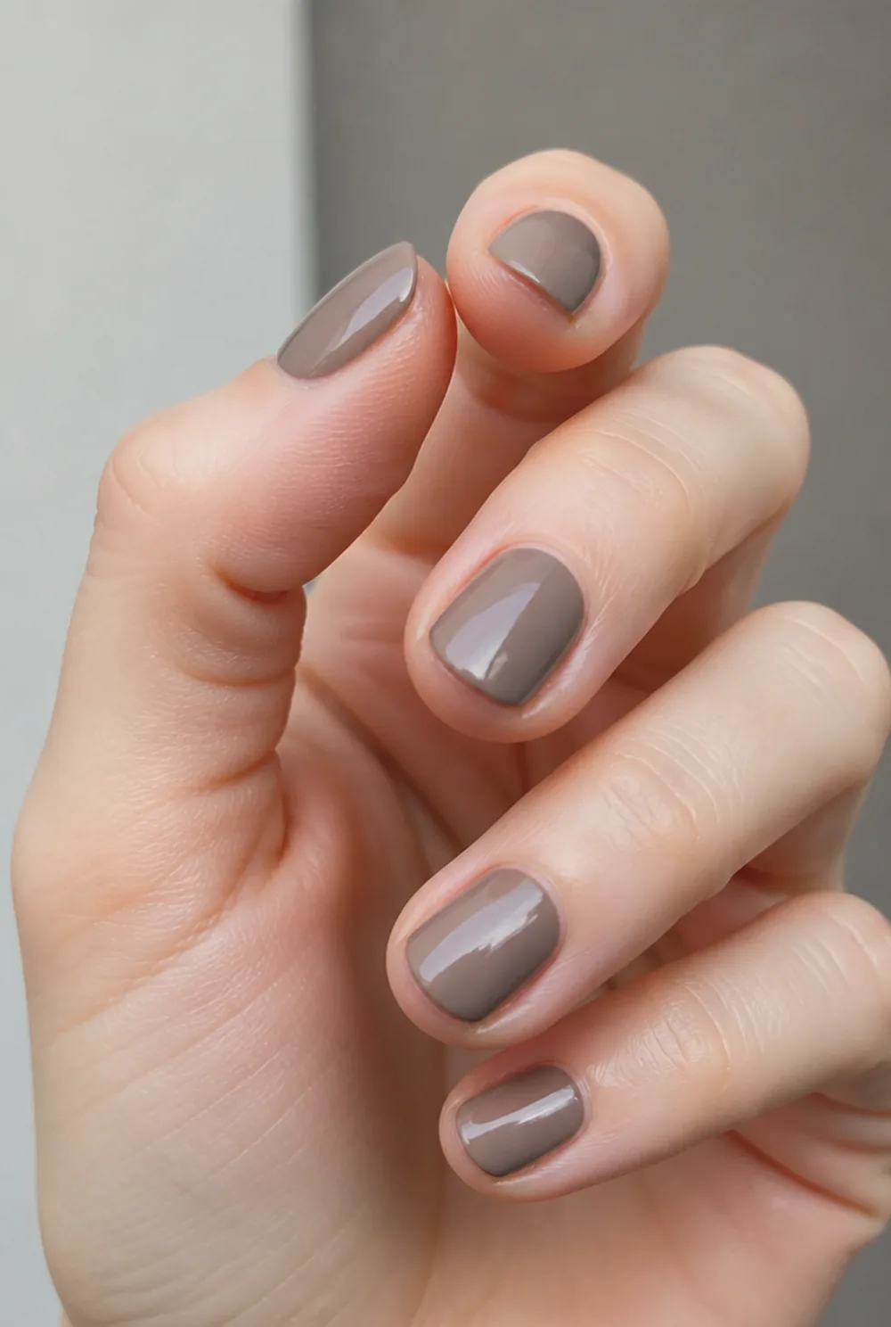 cool greige nail art on fair skin, short length