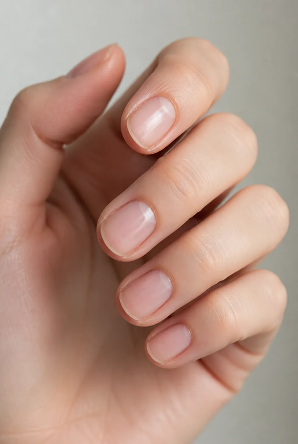 bare and buffed nail art on fair skin, short length