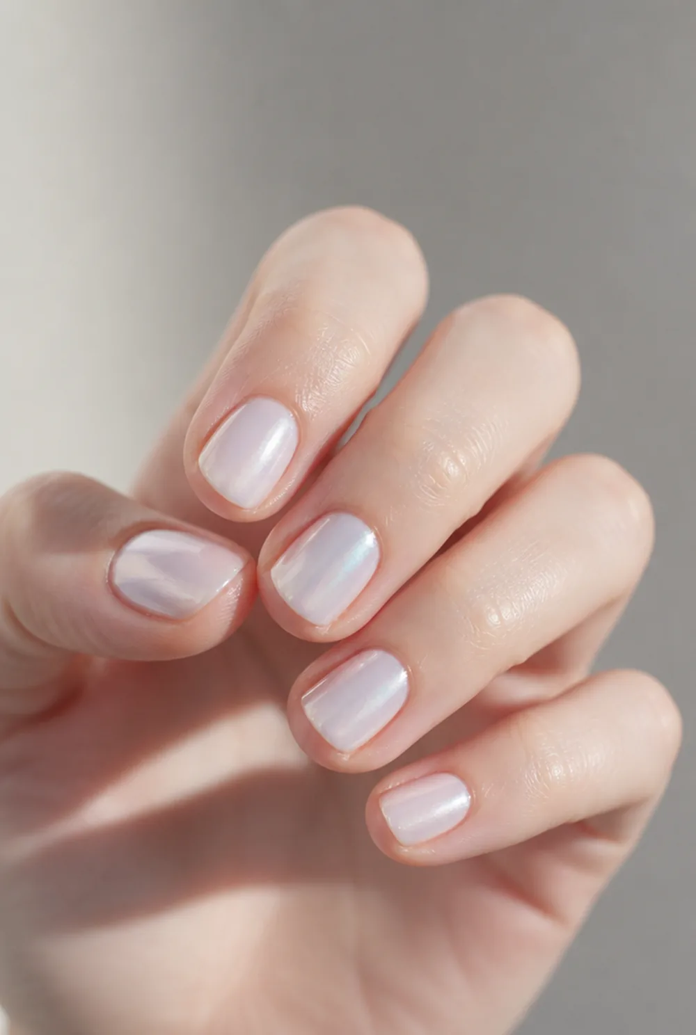 pearl glaze nail art on fair skin, short length