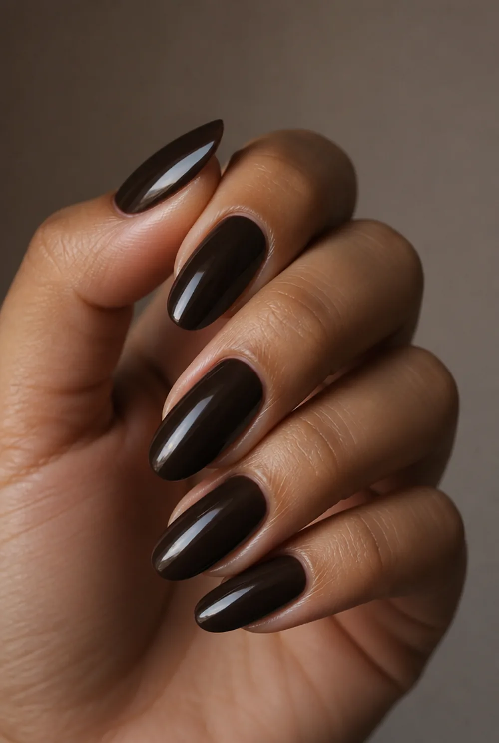 espresso nail art on olive skin, long length