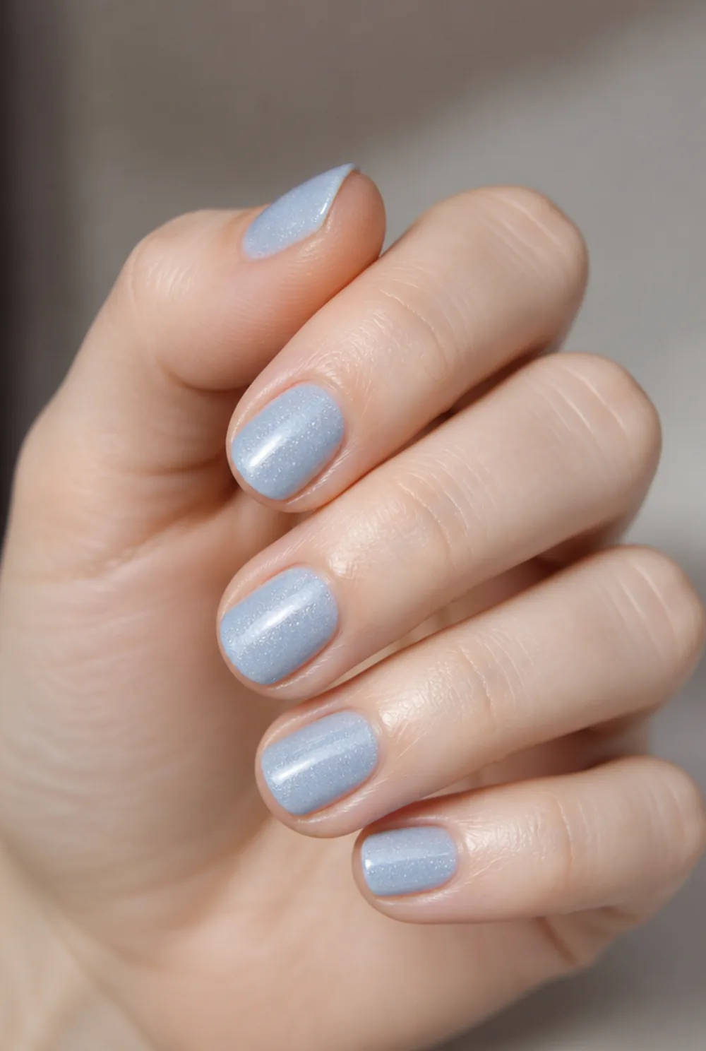 ice blue shimmer nail art on fair skin, short length