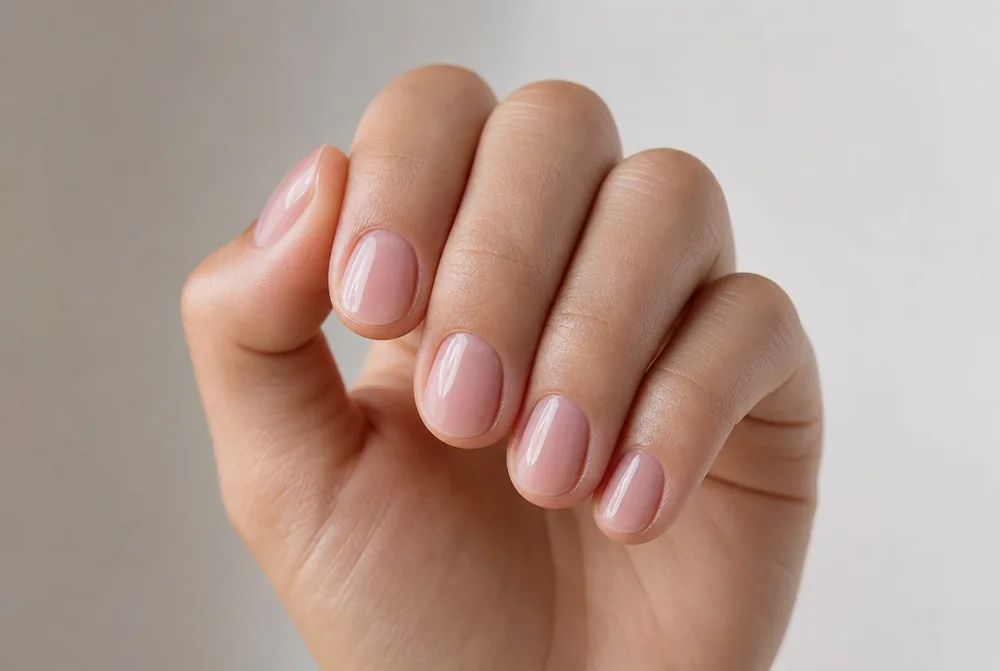 jelly pink round nails with translucent finish