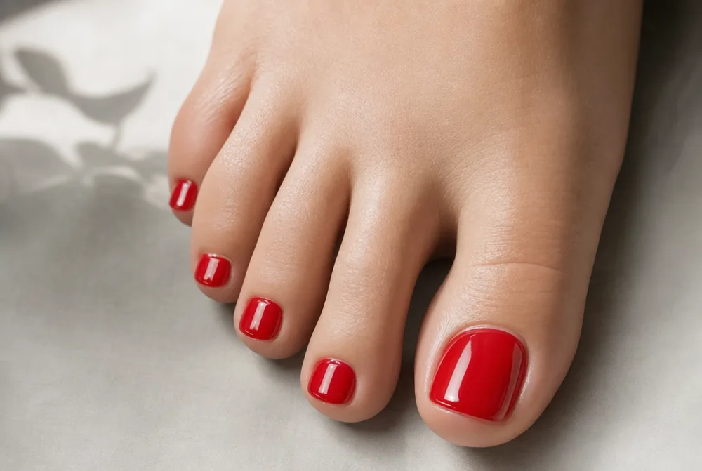jelly red pedicure on toe nails