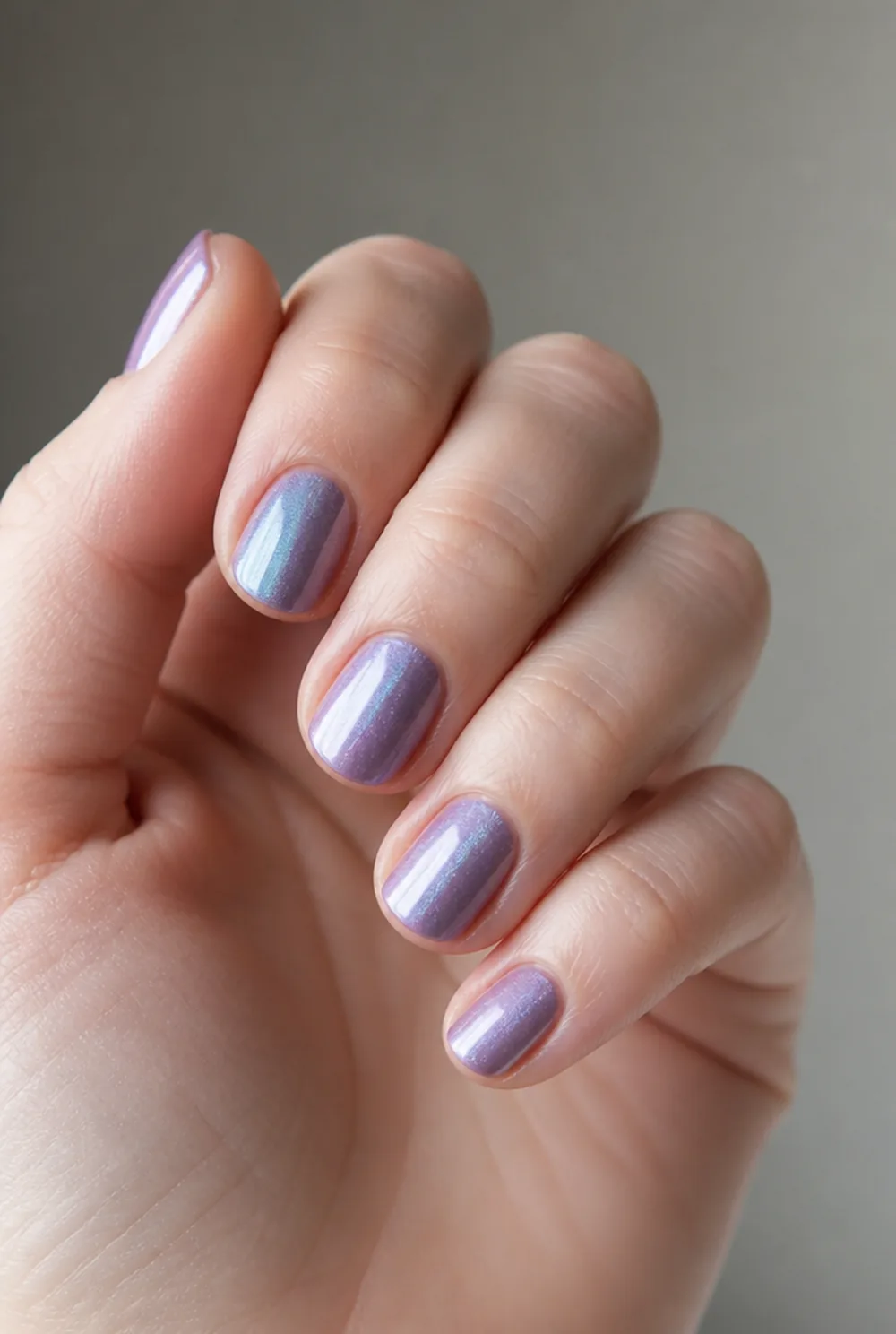 lavender cat eye nail art on fair skin, short length