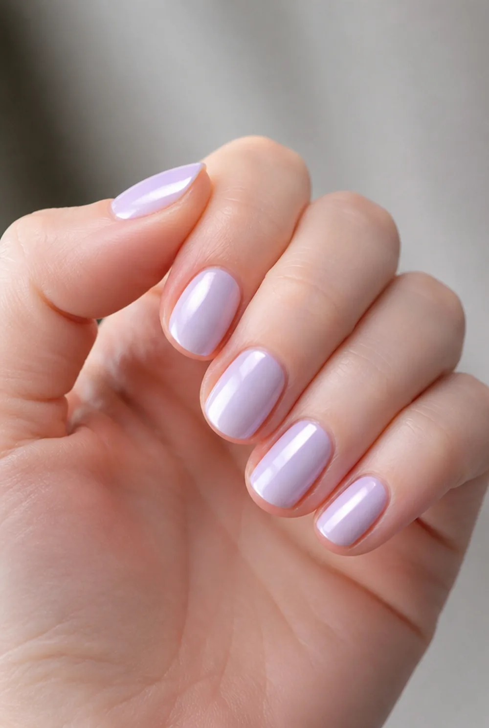 lavender glazed pearl nail art on fair skin, short length