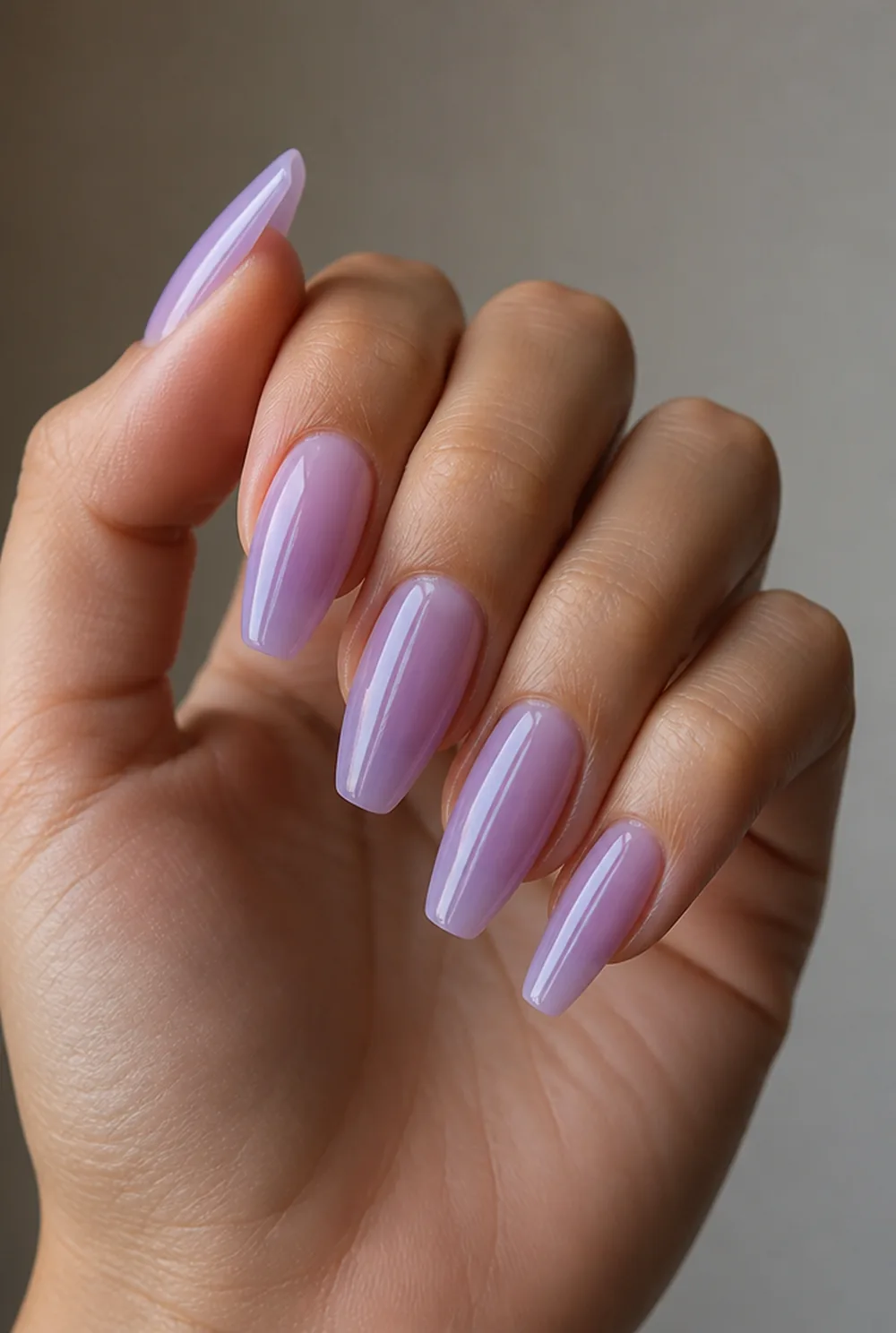 sheer lavender jelly nail art on olive skin, long length