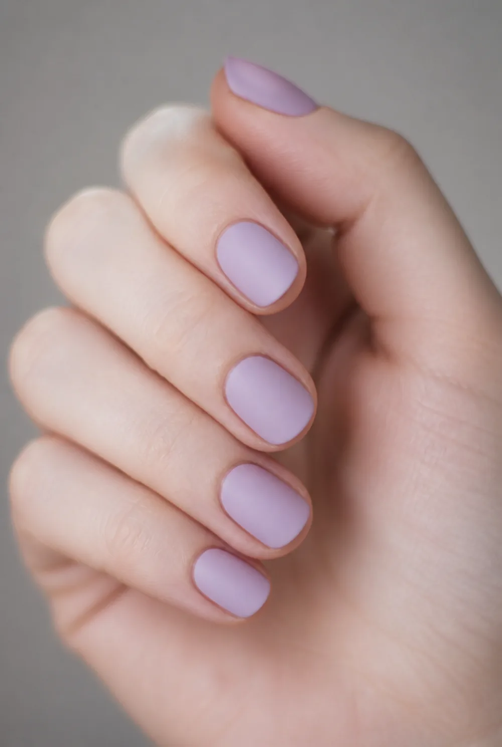 lavender matte nail art on fair skin, short length