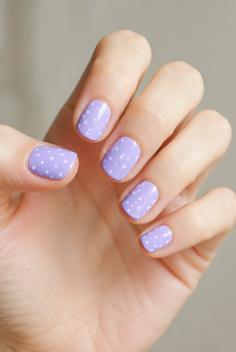lavender with tiny dots nail art on fair skin, short length