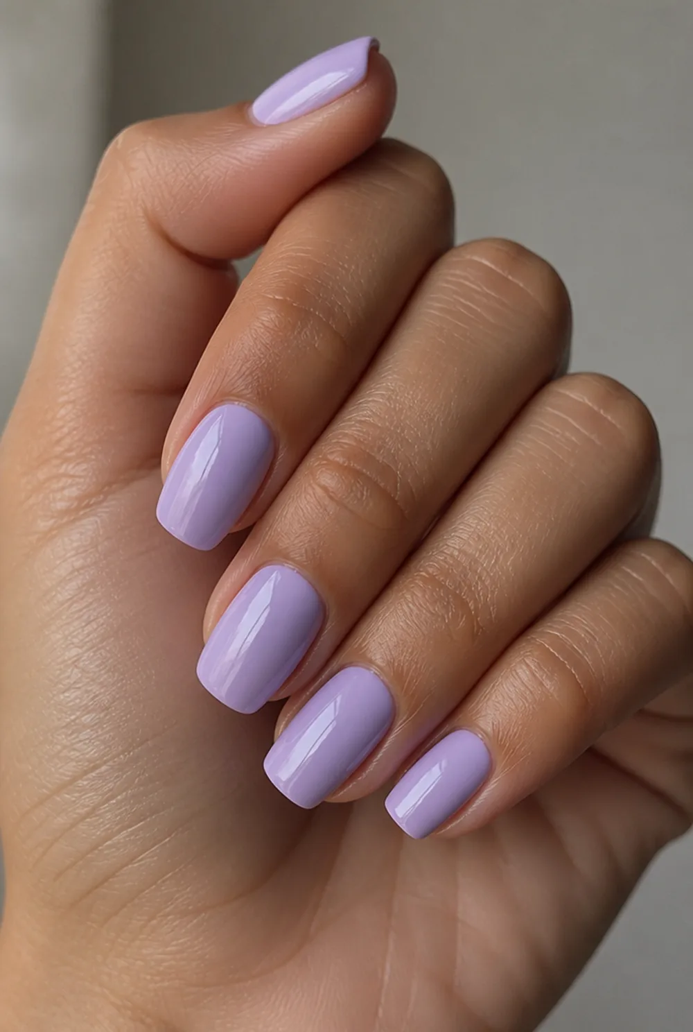 short lavender squoval nail art on olive skin, long length
