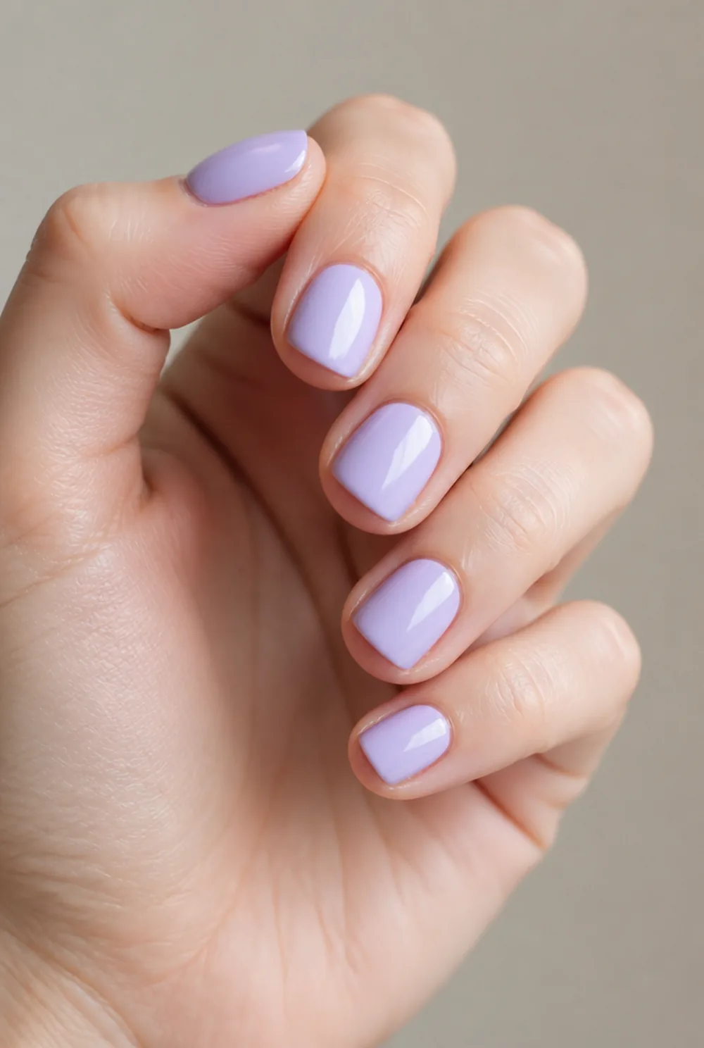 short lavender squoval nail art on fair skin, short length