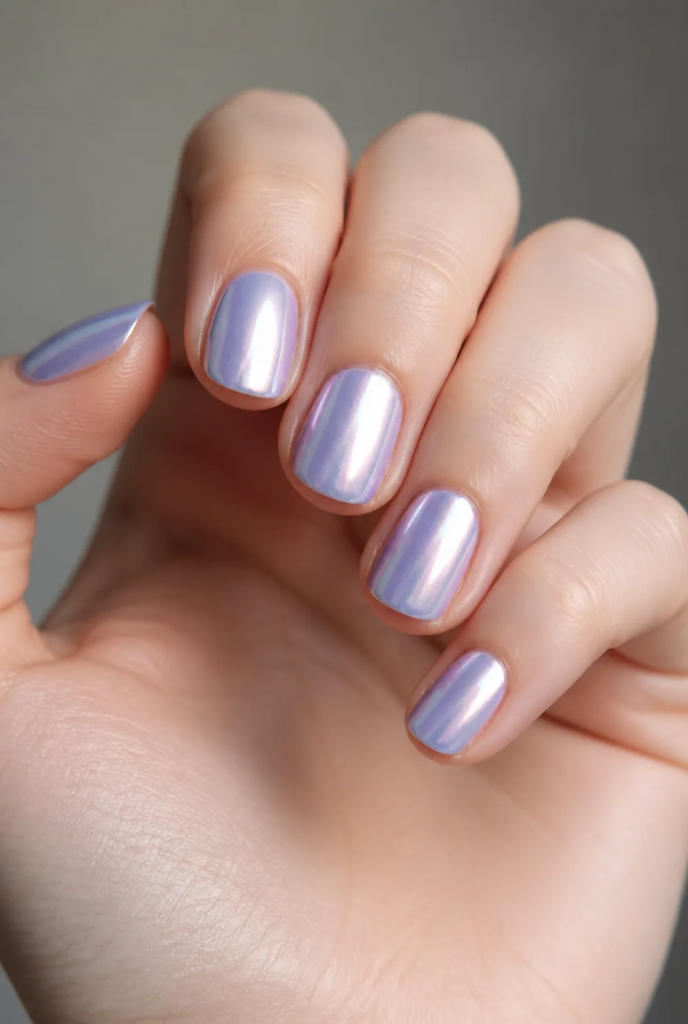 lavender chrome nail art on fair skin, short length