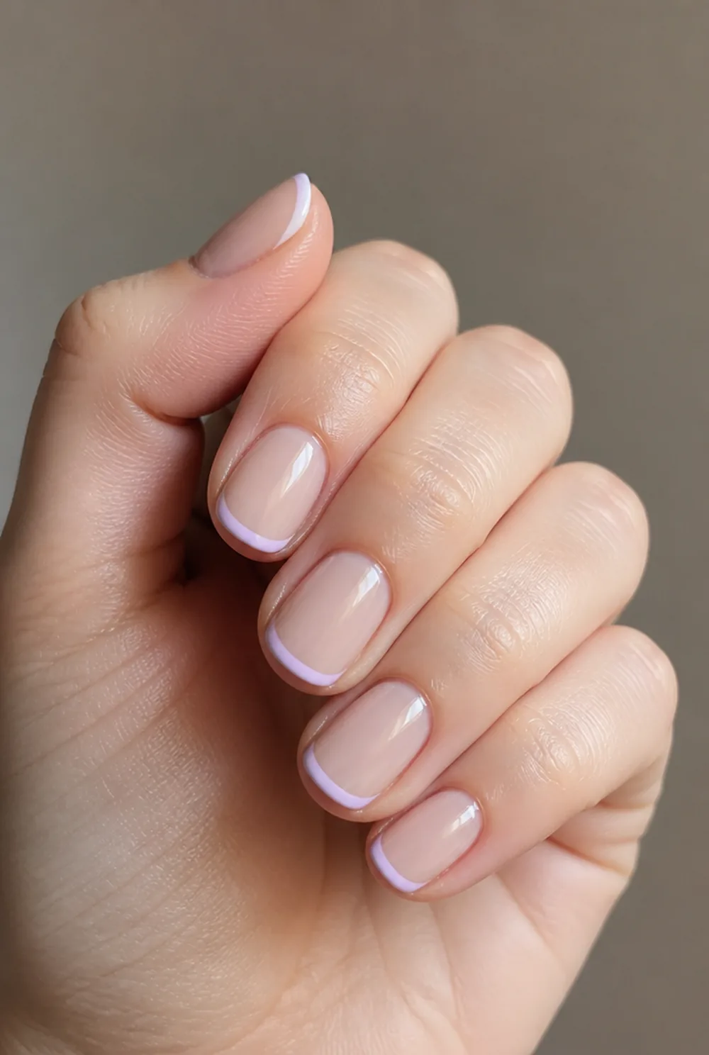lavender french tip nail art on fair skin, short length