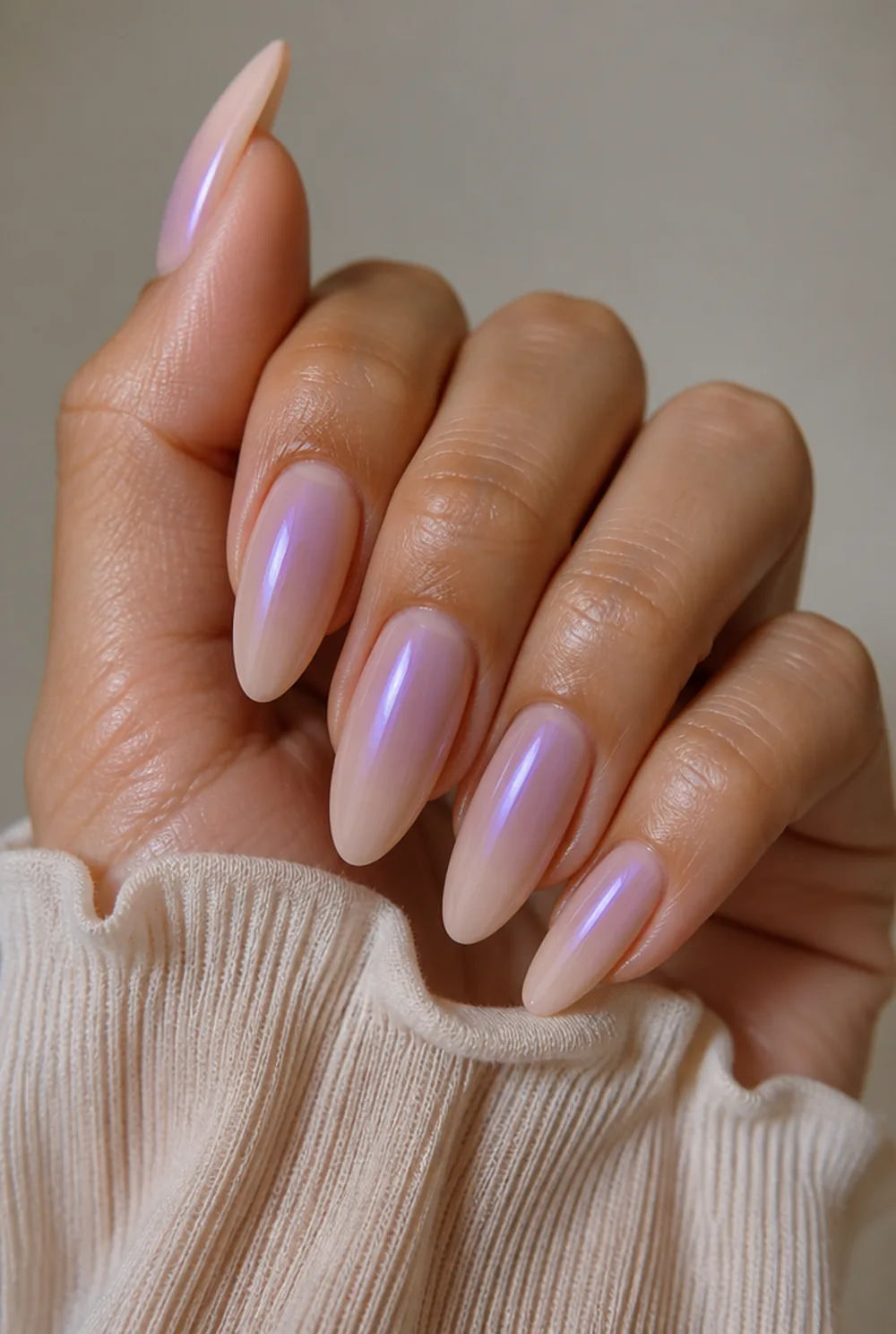 lavender aura nail art on olive skin, long length