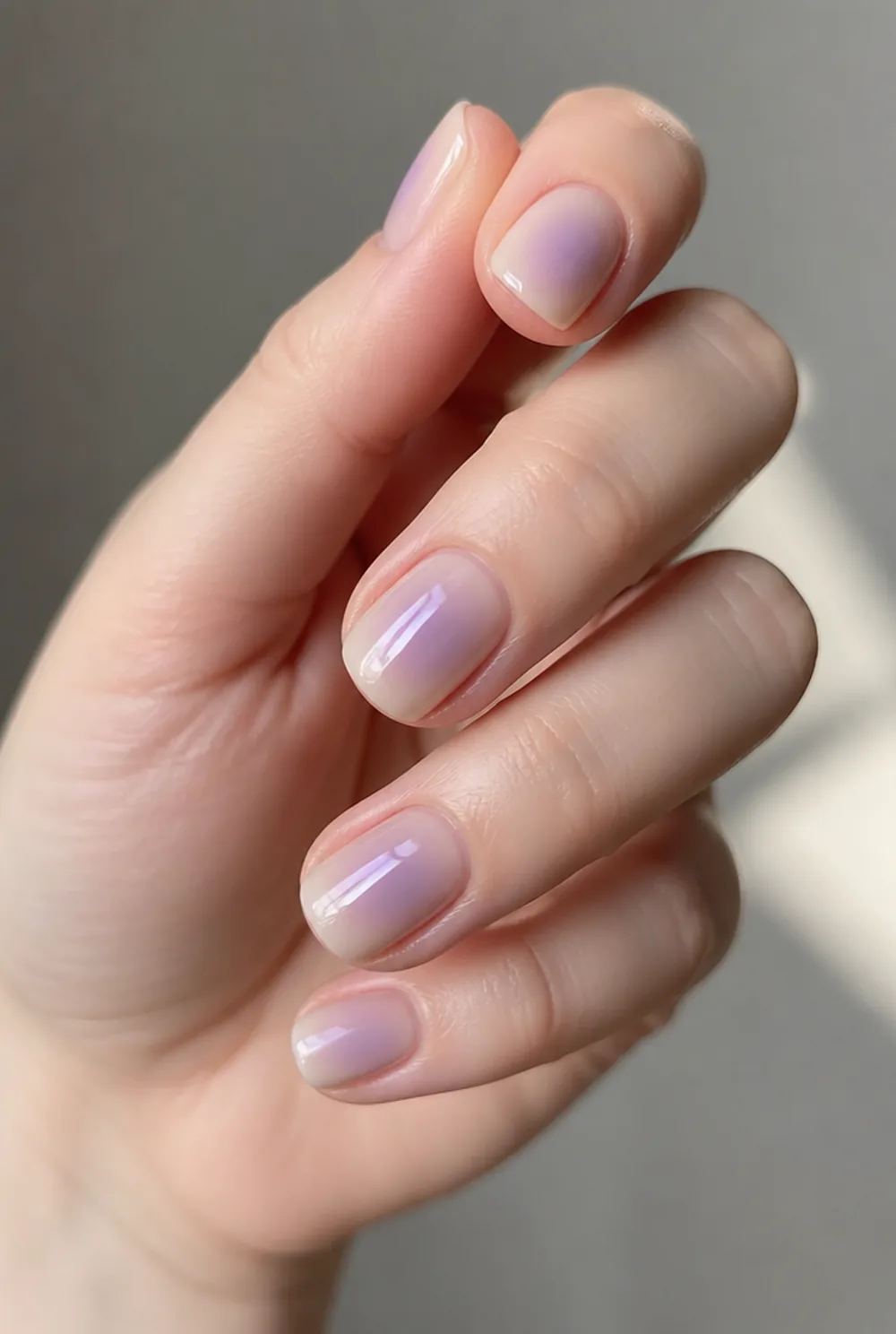 lavender aura nail art on fair skin, short length