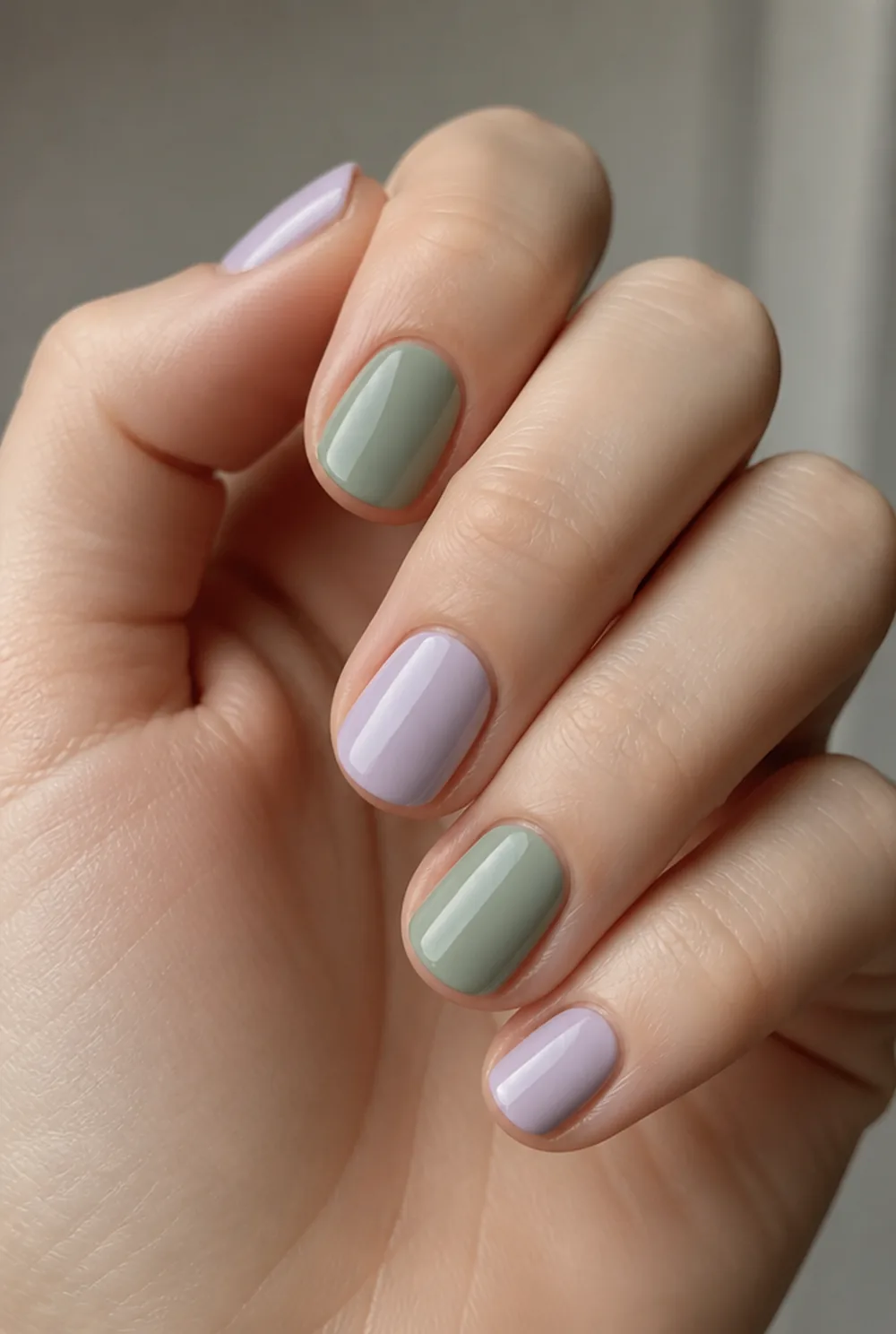 lavender and sage nail art on fair skin, short length