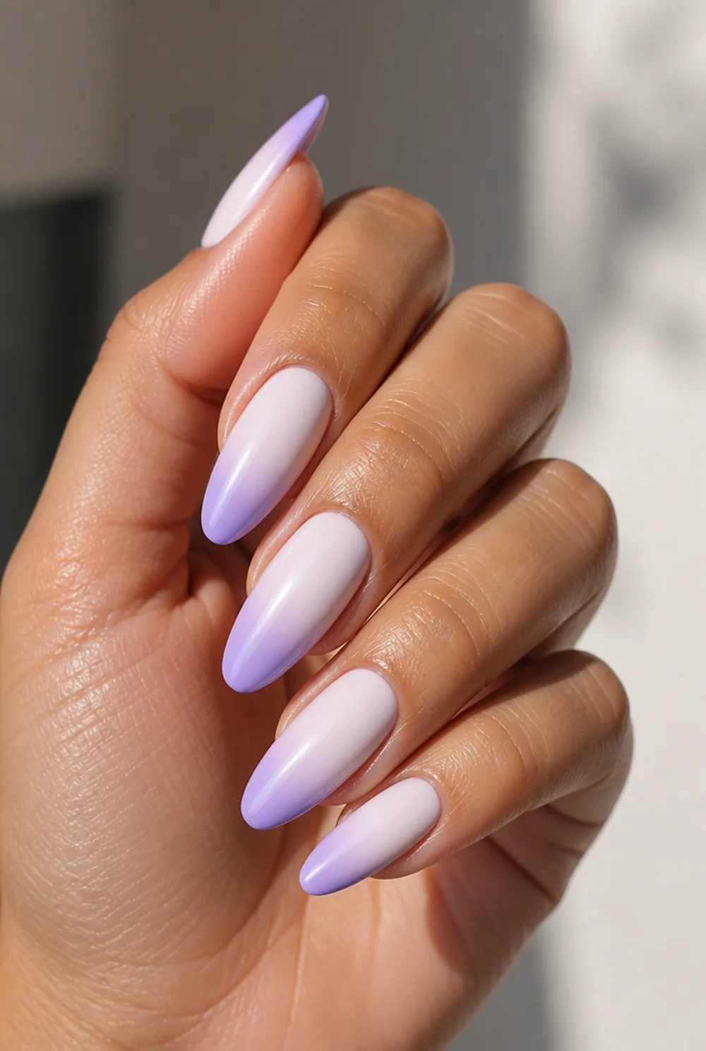 lavender ombre nail art on olive skin, long length