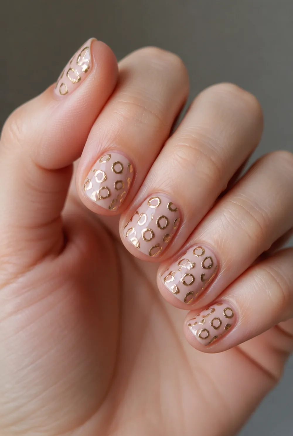 gold outline leopard nail art on fair skin, short length