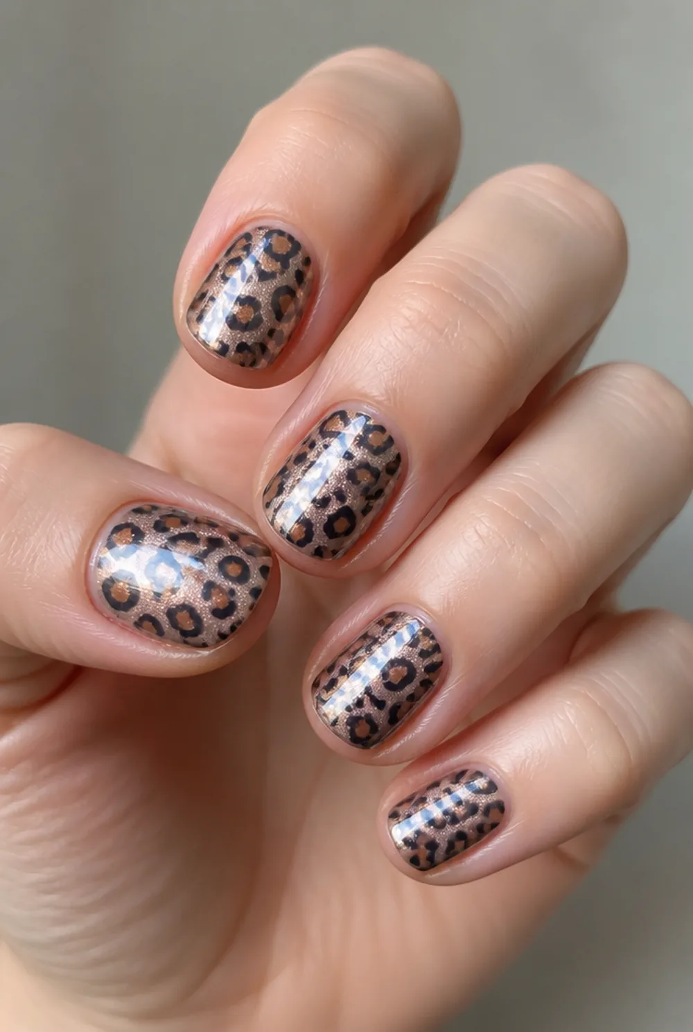 leopard with chrome overlay nail art on fair skin, short length