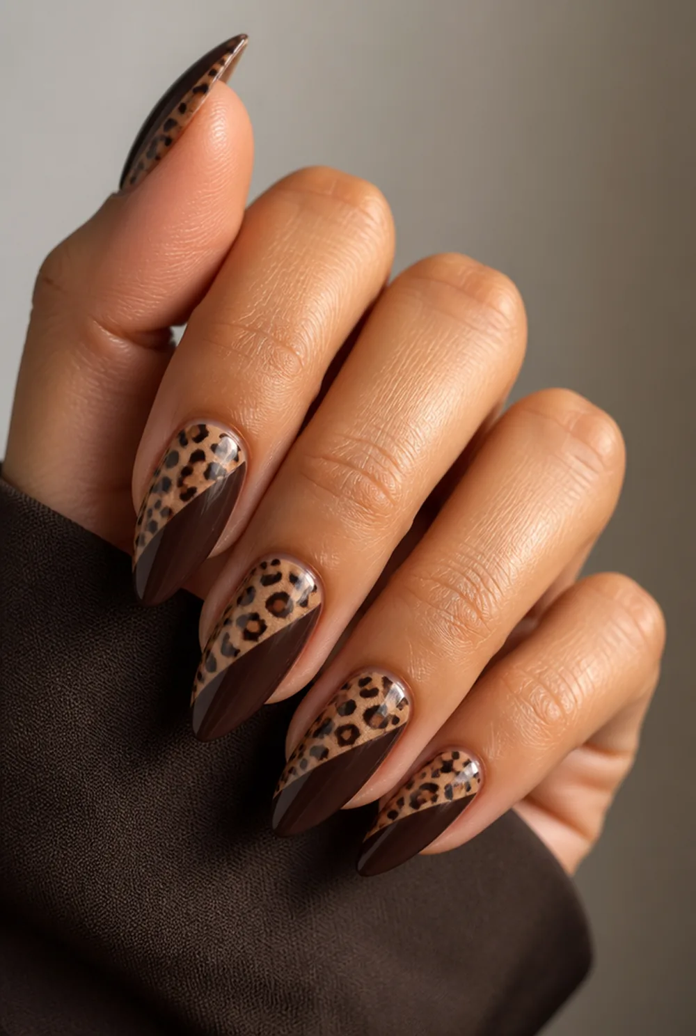 leopard half nail nail art on olive skin, long length