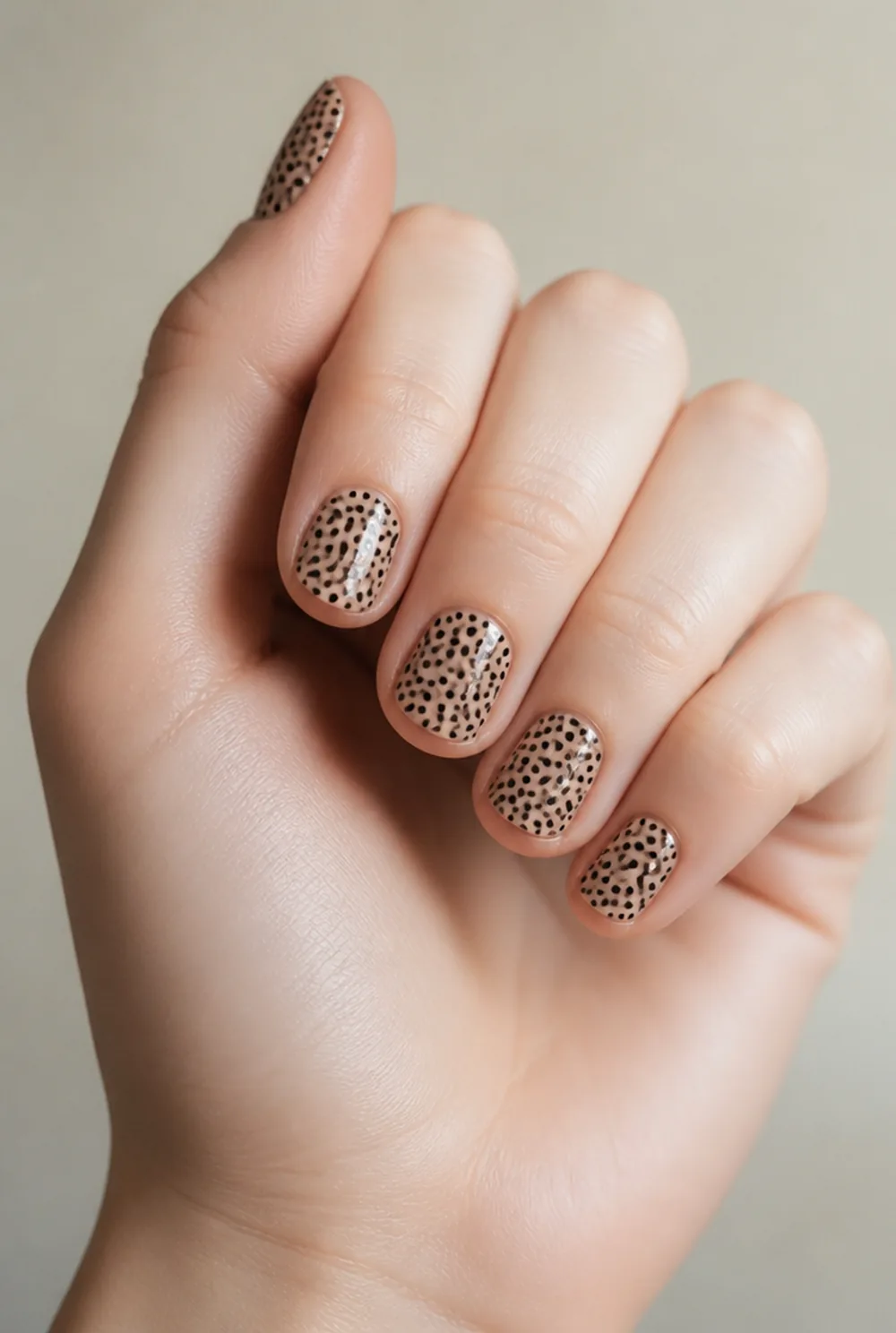 cheetah spots nail art on fair skin, short length