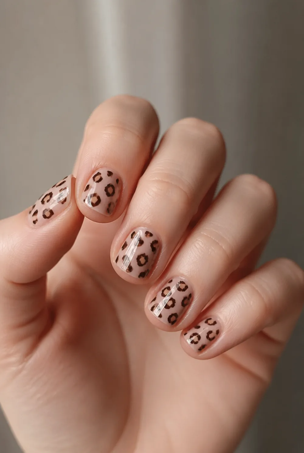 negative space leopard nail art on fair skin, short length
