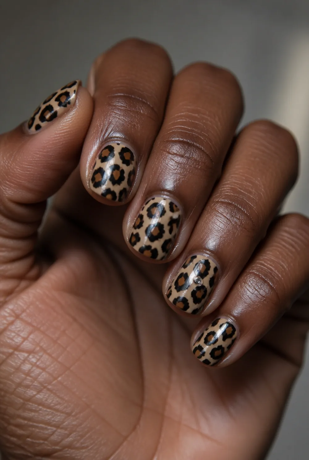 leopard with rhinestone nail art on deep brown skin