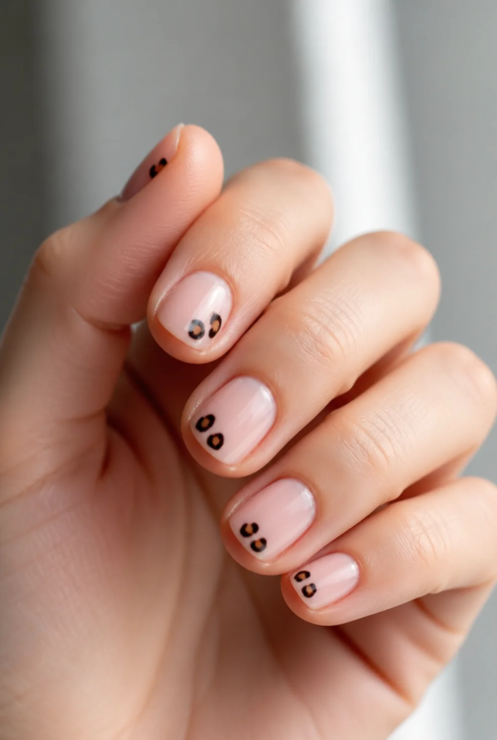 leopard on short square nail art on fair skin, short length